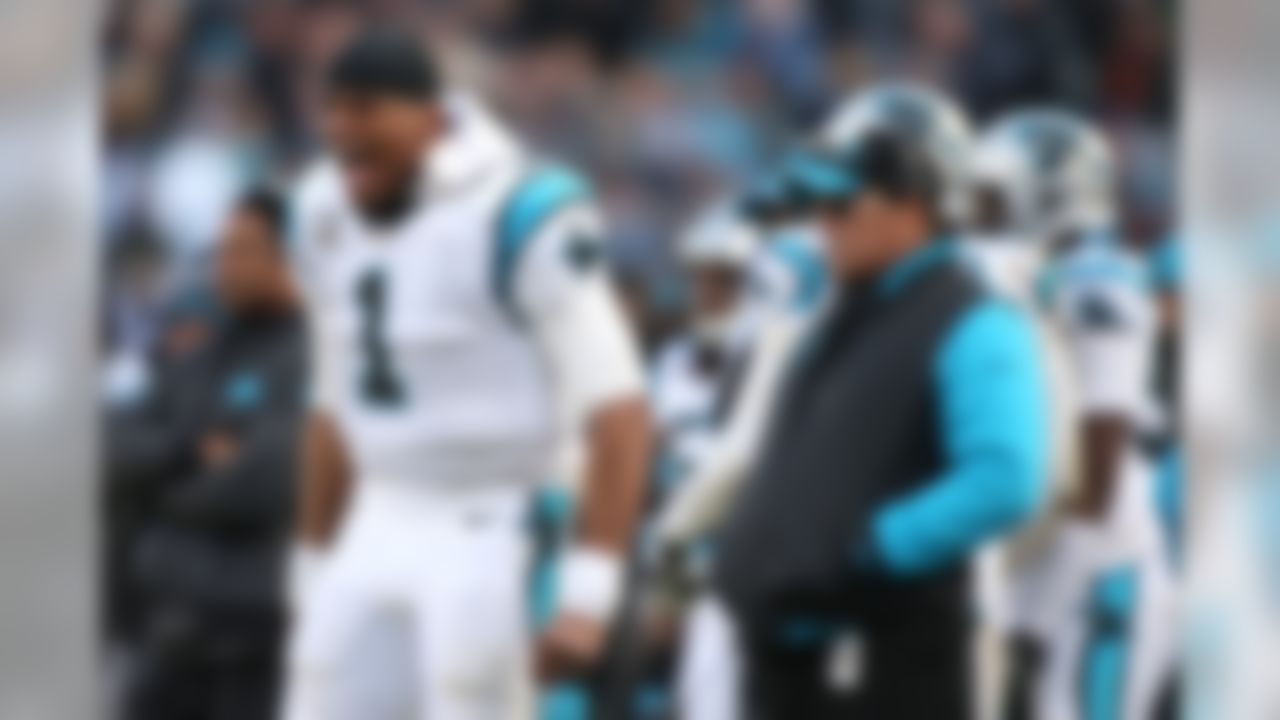 Carolina Panthers quarterback Cam Newton (1) reacts on the sideline during an NFL football game against the Seattle Seahawks at Bank of America Stadium on Sunday, Jan. 17, 2016 in Charlotte. The Panthers won 31-24 and advance to the NFC Championship. (Perry Knotts/NFL)