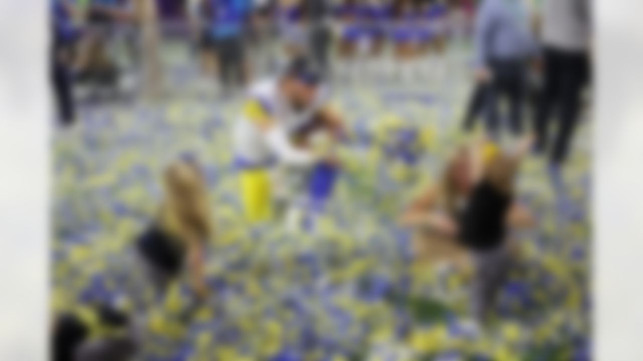 Los Angeles Rams quarterback Matthew Stafford (9) celebrates with his family after Super Bowl LVI on Sunday, February 13, 2022 in Inglewood, California.