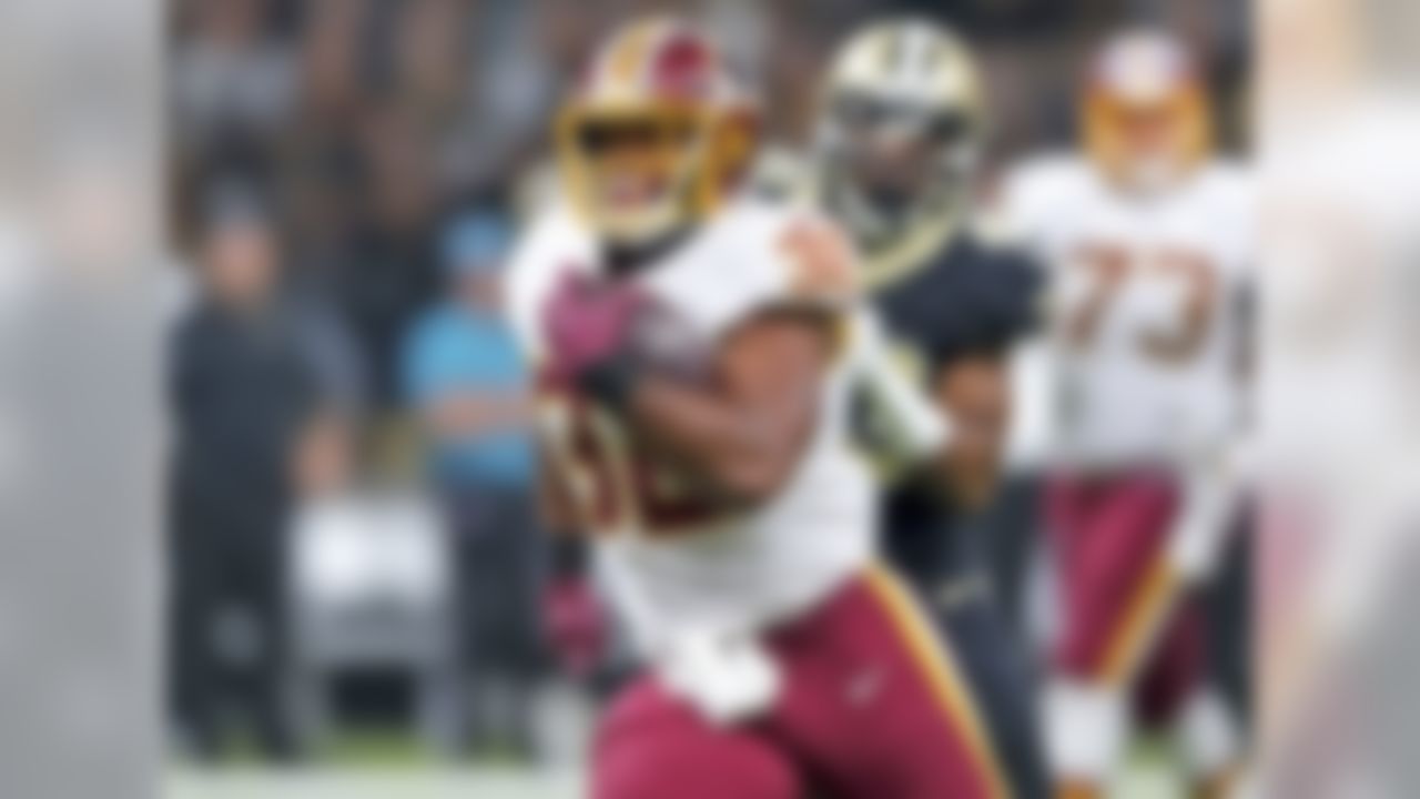 I know Samaje Perine is probably owned in your very competitive league, but I need to do my due diligence here as well. Perine is available in plenty of leagues and is a must-add this week after the terrible news that Chris Thompson broke his fibula. Perine averaged over five yards per carry on Sunday against a tough Saints reun defense, taking his 23 carries for 117 yards. The rookie could get in the mix as a pass-catcher too simply by default, which would help his weekly floor. He'll likely be featured heavily when Washington hosts the New York Giants in the final game of the Thanksgiving slate. (Percent owned: 56.4, FAAB suggestion: 50+ percent)