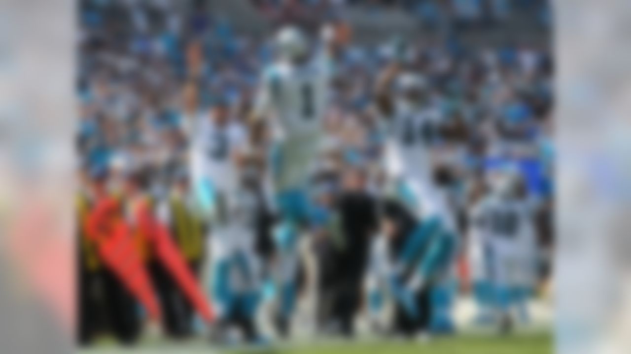 Carolina Panthers quarterback Cam Newton (1), quarterback Derek Anderson (3), and quarterback Joe Webb (14) celebrate after a touchdown during an NFL football game against the Carolina Panthers at Bank of America Stadium on Sunday, September 20, 2015 in Charlotte. The Panthers defeated the Texans 24-17. (Perry Knotts/NFL)