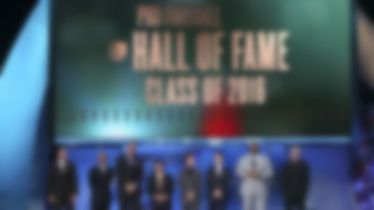(L-R) Former NFL players Kevin Greene,Tony Dungy, Scott Stanfel, owner Eddie DeBartolo, Justin Stabler,Jack Stabler, former NFL players Orlando Pace and Brett Favre get inducted into the NFL hall of fame during the NFL Honors awards show at the Bill Graham Civic Auditorium on Saturday, Feb. 6, 2016 in San Francisco.