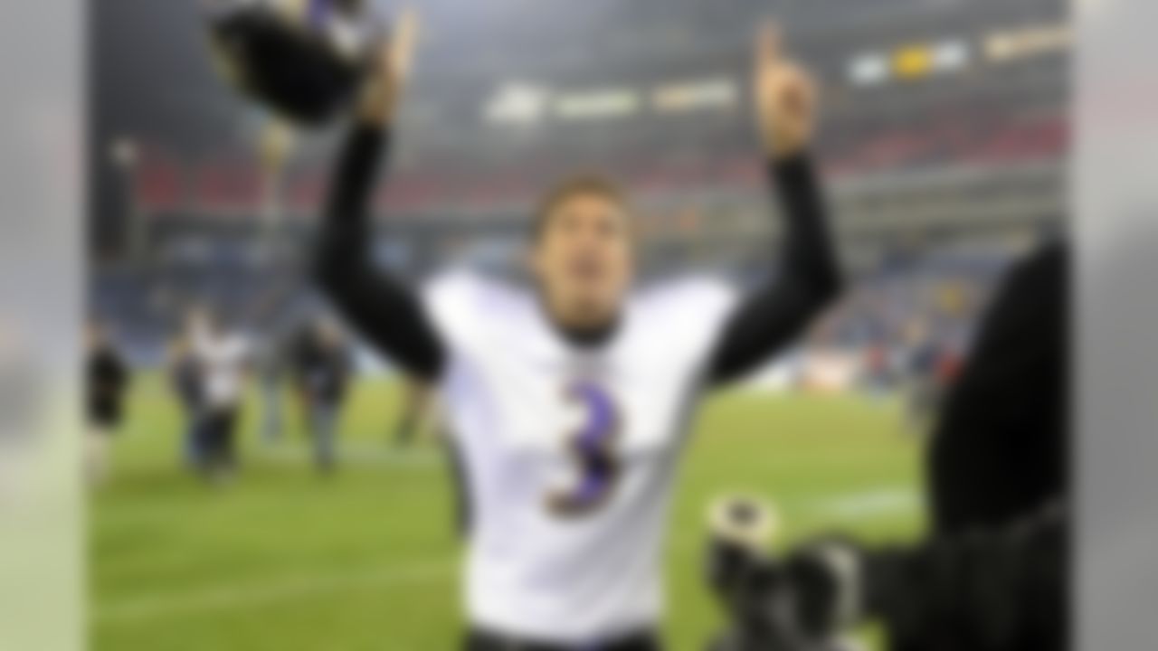 Baltimore Ravens PK Matt Stover (3) celebrates after the Ravens defeated the Tennessee Titans 13-10 at LP Field in Nashville TN. on January 10, 2009. (Photo by G Newman Lowrance/NFL.com)