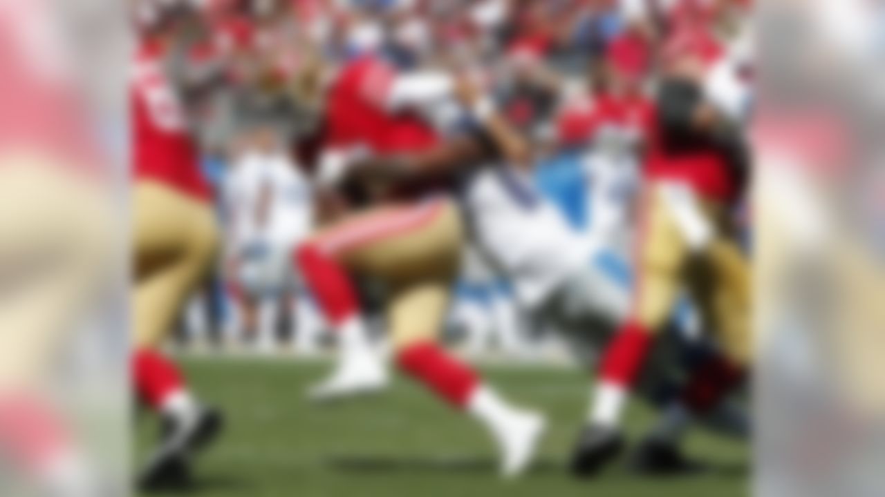 San Francisco 49ers quarterback Jimmy Garoppolo is sacked by Detroit Lions linebacker Eli Harold during the first half of an NFL football game in Santa Clara, Calif., Sunday, Sept. 16, 2018. (AP Photo/Tony Avelar)