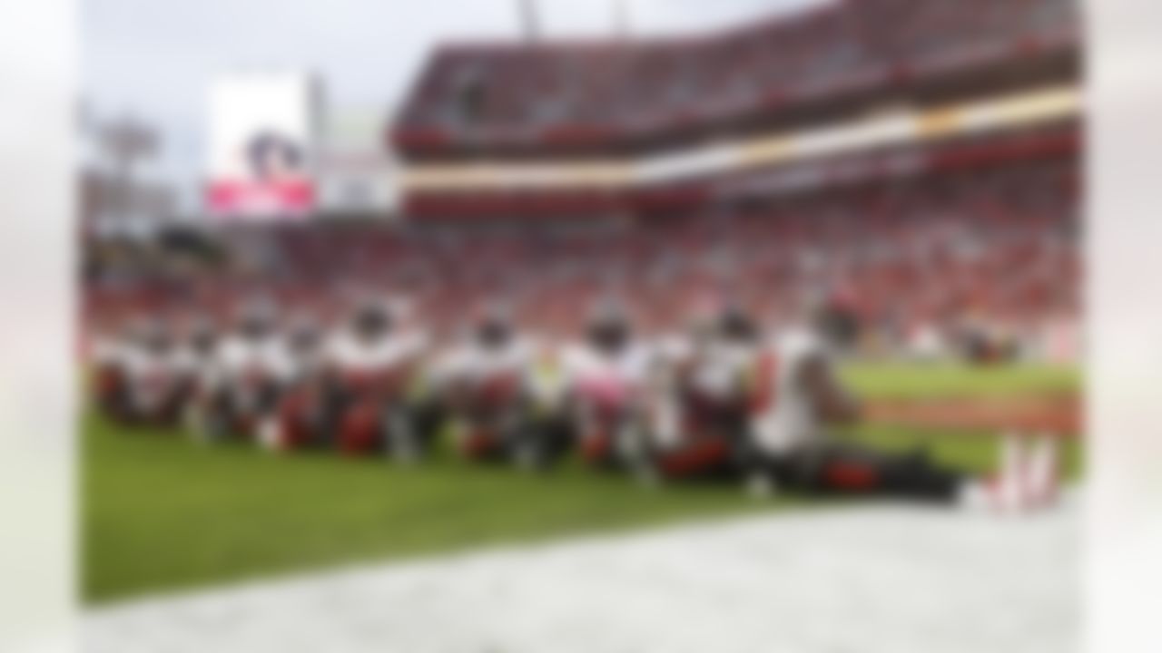 The Tampa Bay Buccaneers defense celebrates after a turnover in the second half against the Chicago Bears at Raymond James Stadium on October 24, 2021 in Tampa, Florida, USA.