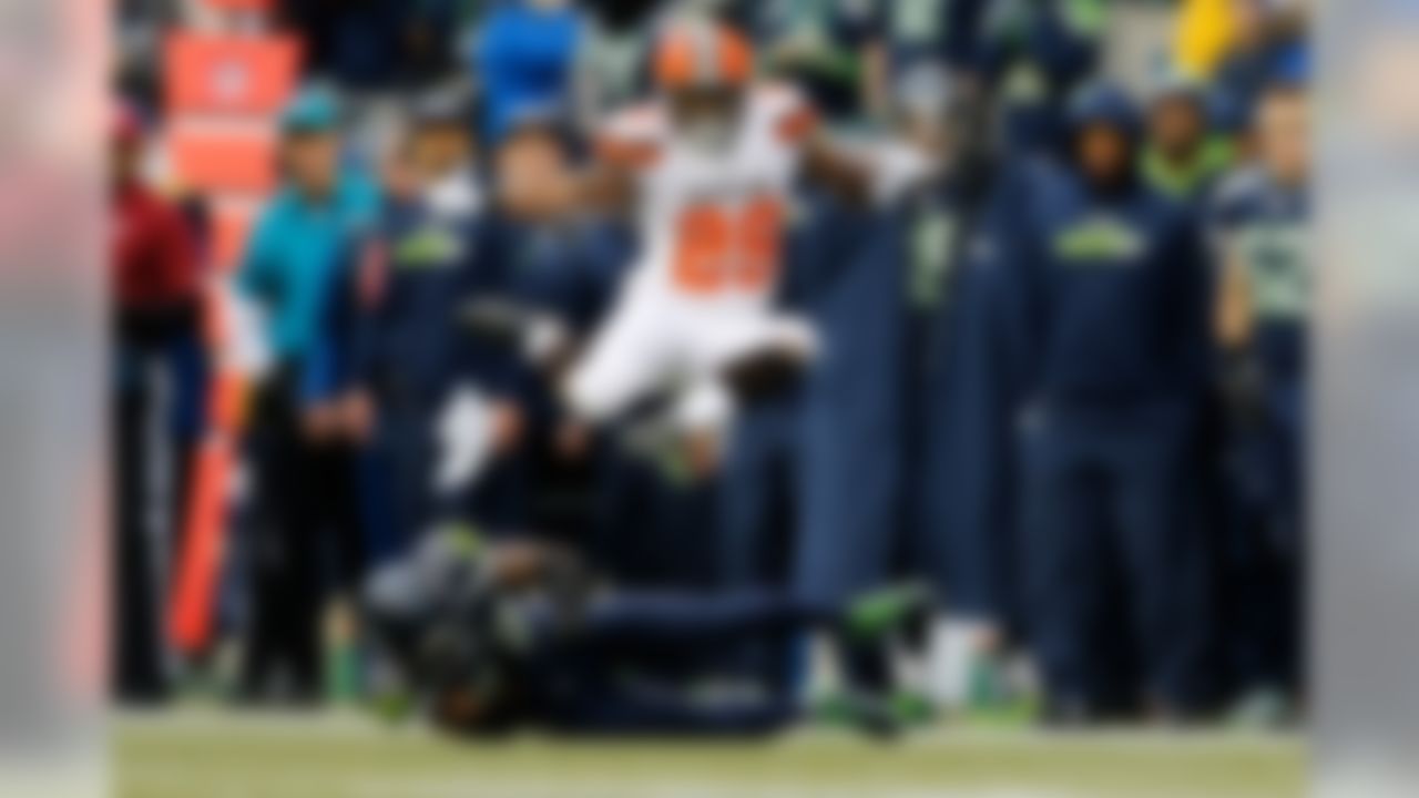 Cleveland Browns running back Duke Johnson (29) leaps over Seattle Seahawks cornerback Jeremy Lane (20) during the NFL regular season game on Sunday, Dec. 20, 2015 in Seattle. (Ric Tapia/NFL)