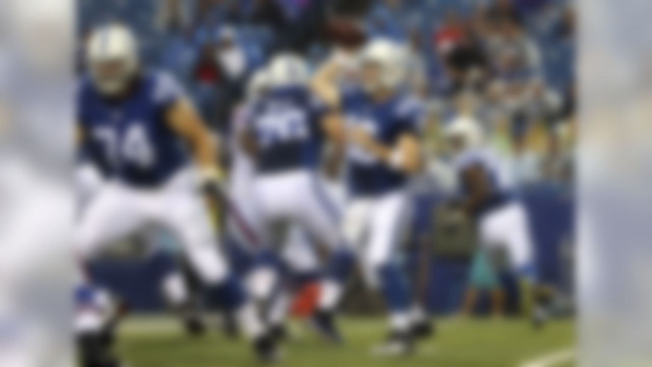 Indianapolis Colts quarterback Scott Tolzien (16) passes behind a block by tackle Anthony Castonzo (74) during the first half of a preseason NFL football game against the Buffalo Bills Saturday, Aug. 13, 2016, in Orchard Park, N.Y. (AP Photo/Bill Wippert)