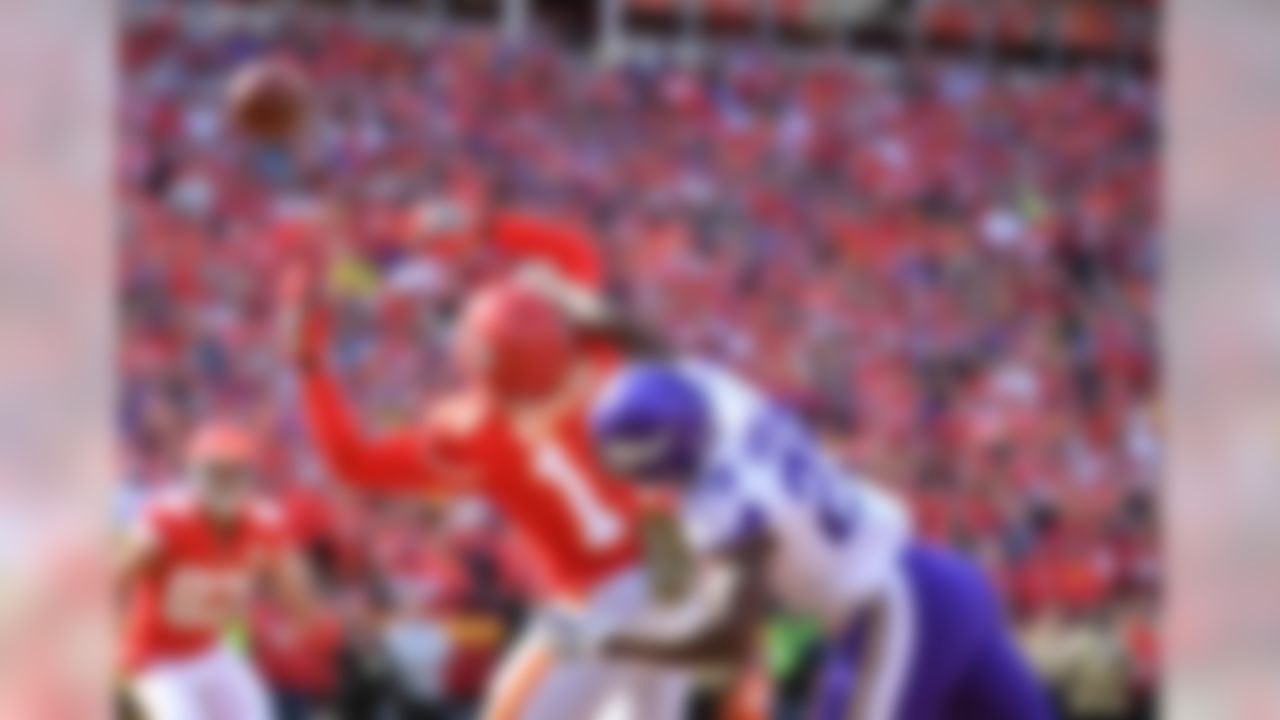 Minnesota Vikings cornerback Xavier Rhodes (29) breaks up a pass intended for Kansas City Chiefs wide receiver Sammy Watkins (14) during the first half at Arrowhead Stadium.