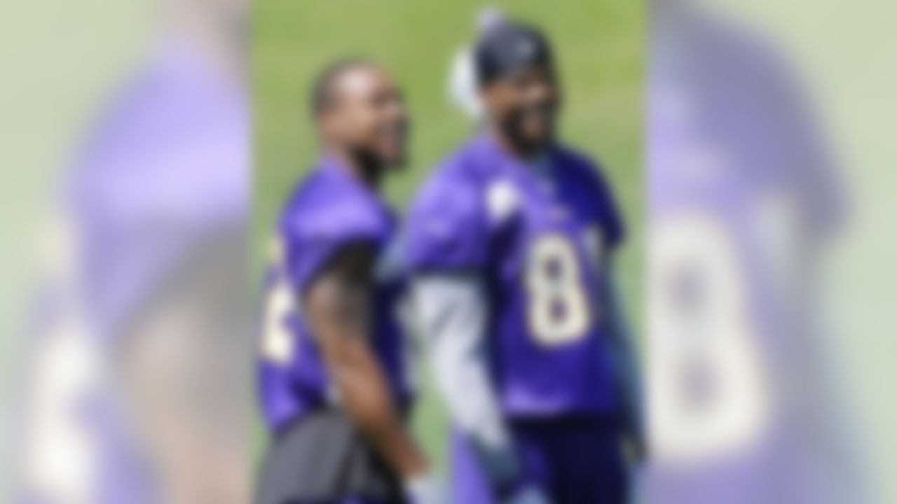 Minnesota Vikings wide receivers Percy Harvin, left, and Jerome Simpson enjoy a break during NFL football practice, Thursday, June 21, 2012, in Eden Prairie, Minn. Harvin has asked to be traded, saying earlier in the week he was upset with the team but not elaborating. (AP Photo/Jim Mone)