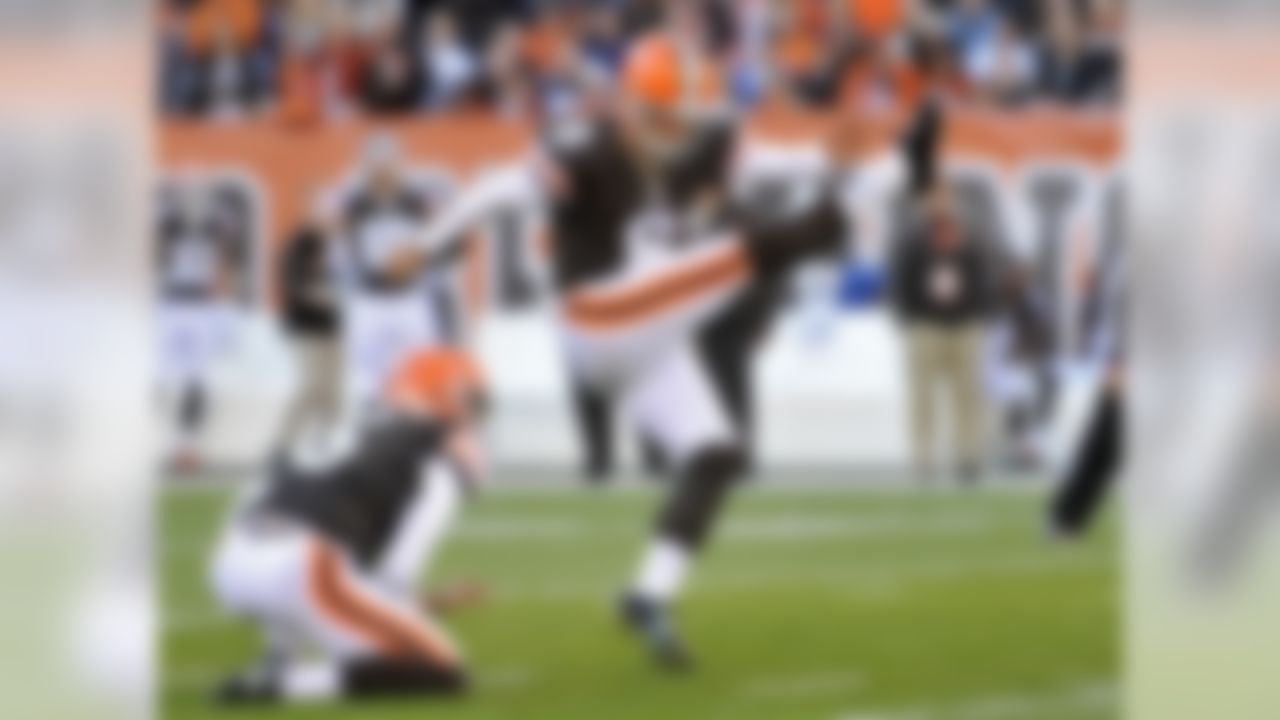 Cleveland Browns kicker Billy Cundiff (8) follows through on a 52-yard field goal against the Oakland Raiders in the first quarter of an NFL football game Sunday, Oct. 26, 2014, in Cleveland. (AP Photo/David Richard)