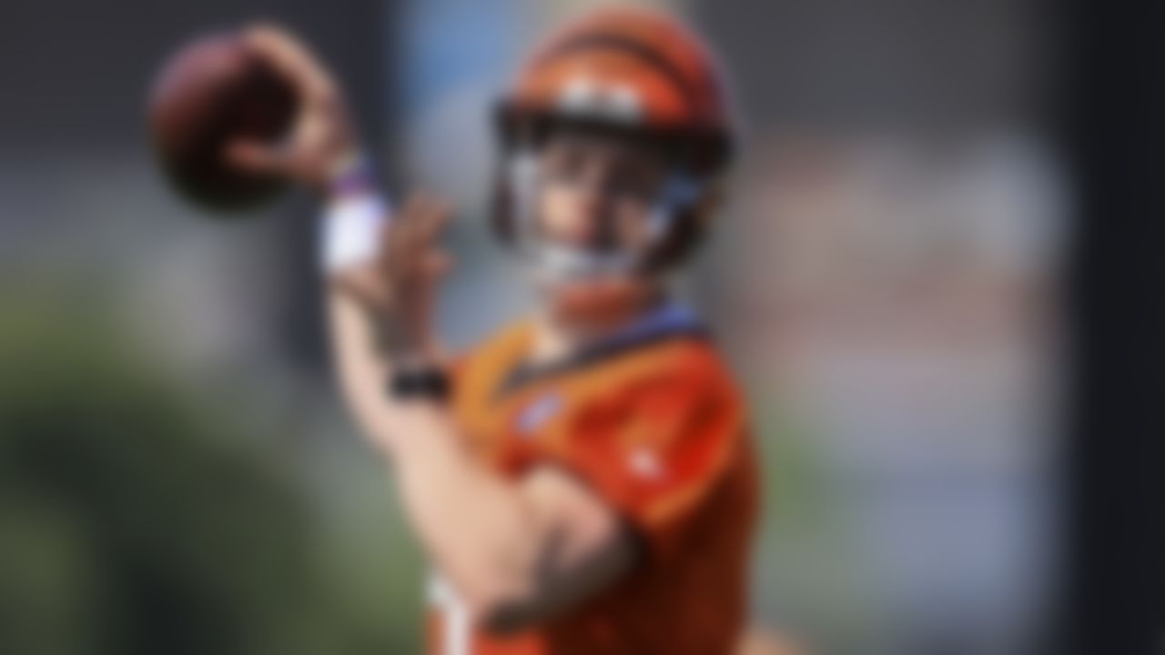 Cincinnati Bengals Joe Burrow throws a pass during an NFL football camp practice in Cincinnati, Tuesday, May 25, 2021.