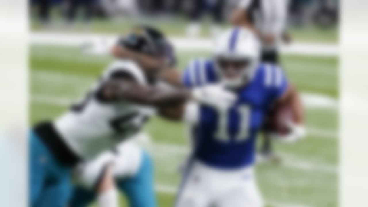 Indianapolis Colts' Michael Pittman (11) runs past Jacksonville Jaguars' K'Lavon Chaisson (45) during the first half of an NFL football game, Sunday, Jan. 3, 2021, in Indianapolis.