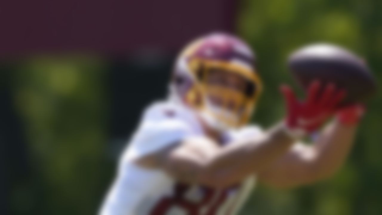 Washington Football Team tight end Sammis Reyes catches the ball during a drill at an NFL football rookie minicamp at Inova Sports Performance Center in Ashburn, Va., Friday, May 14, 2021.