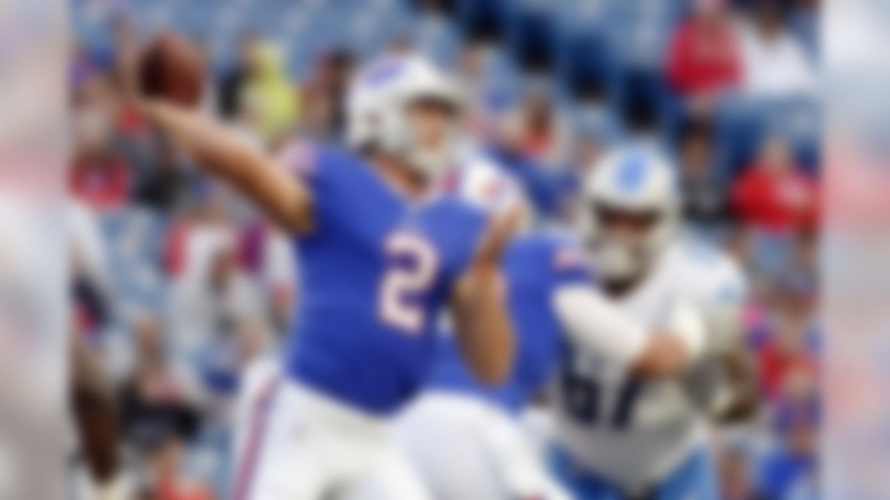 Buffalo Bills quarterback Nathan Peterman (2) throws a pass as Detroit Lions Ego Ferguson rushes him during the first half of a preseason NFL football game Thursday, Aug. 31, 2017, in Orchard Park, N.Y. (AP Photo/Adrian Kraus)