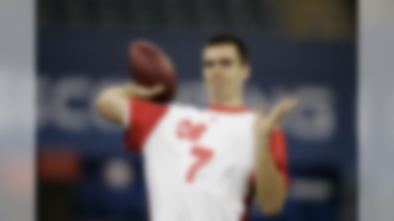 Quarterback Joe Flacco of Delaware runs a drill at the NFL Combine in Indianapolis, Sunday, Feb. 24, 2008.