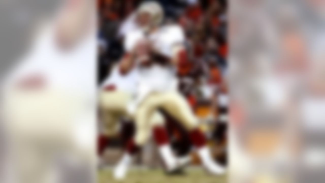 Florida State quarterback Christian Ponder drops back to pass during a college football game against Virginia Tech at Lane Stadium in Blacksburg,Va., Saturday, Nov. 10, 2007. Virginia Tech wins 40-21. (AP Photo/Don Petersen)