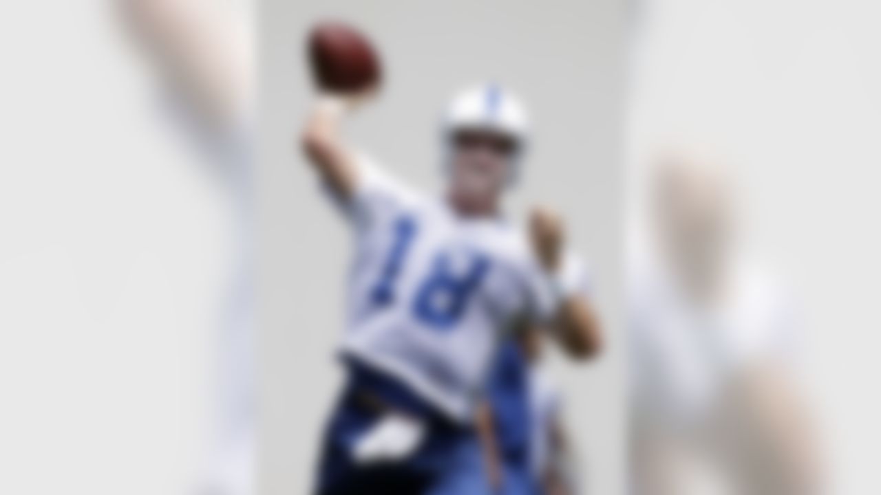 Indianapolis Colts quarterback Peyton Manning makes a throw during the NFL team's football minicamp in Indianapolis, Friday, June 4, 2010. (AP Photo/Michael Conroy)