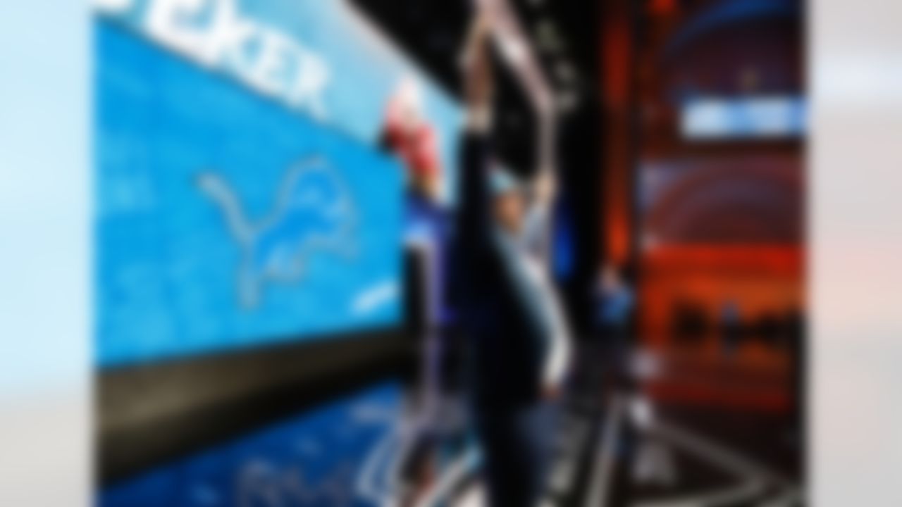 Ohio State offensive tackle Taylor Decker celebrates on the stage after being selected by the Detroit Lions during the 2016 NFL Draft at the Auditorium Theatre on Thursday, April 28, 2016 in Chicago. (Ben Liebenberg/NFL)