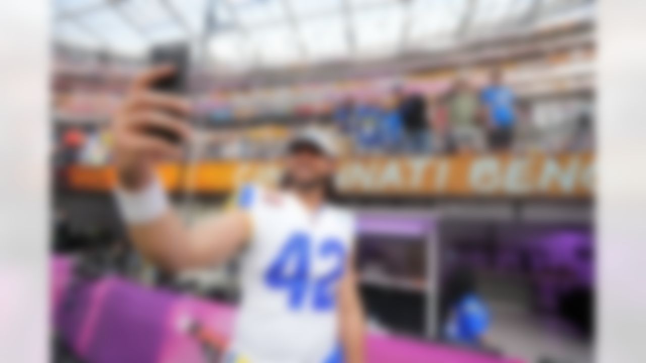 Los Angeles Rams long snapper Matthew Orzech (42) takes a selfie during Super Bowl LVI on Sunday, February 13, 2022 in Inglewood, California.