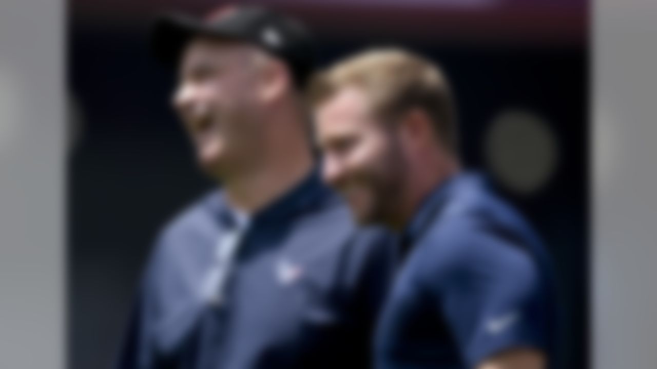 Houston Texans head coach Bill O'Brien, left, and Los Angeles Rams head coach Sean McVay laugh before an NFL preseason football game Saturday, Aug. 25, 2018, in Los Angeles. (AP Photo/Kelvin Kuo)