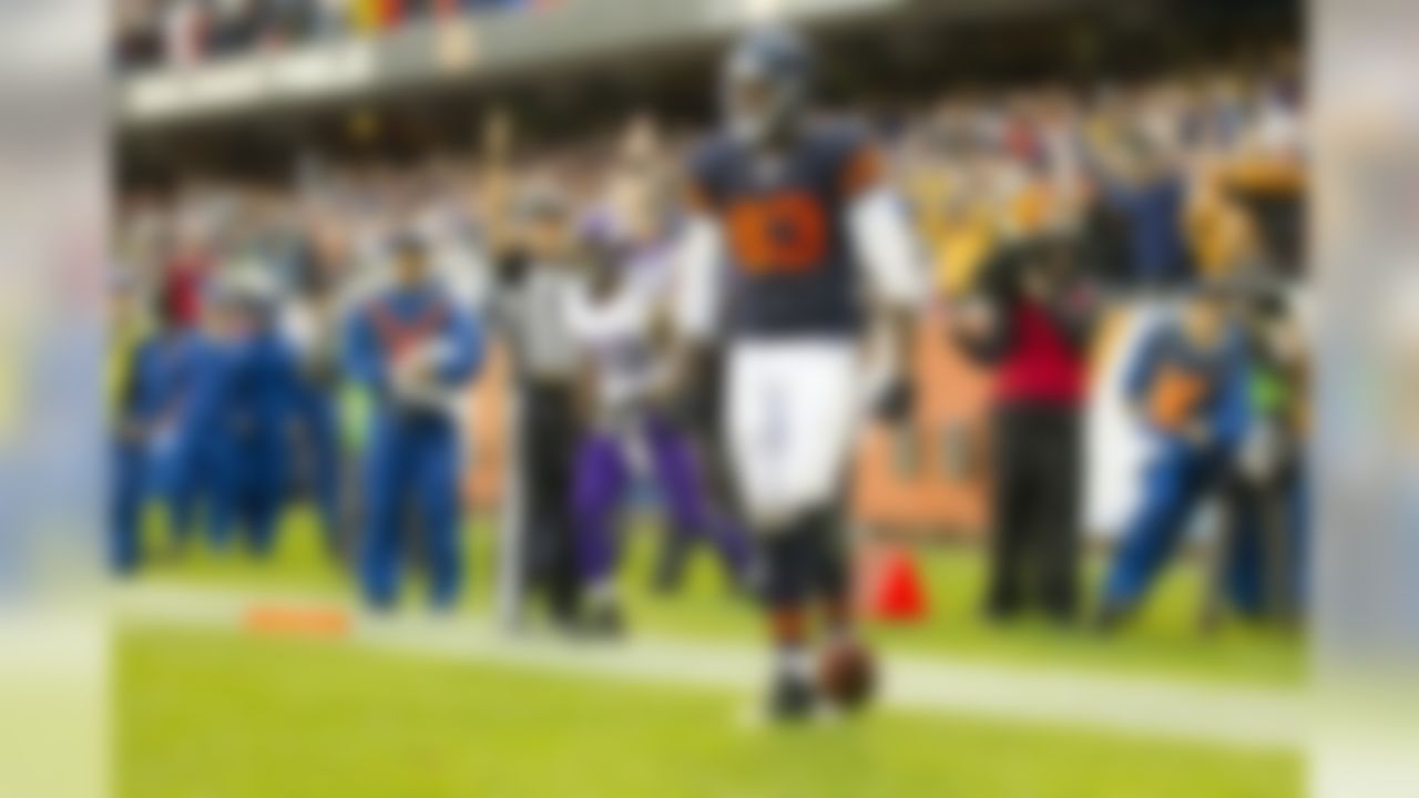 Chicago Bears tight end Martellus Bennett (83) celebrates his game tying touchdown from Jay Cutler at Soldier Field in Chicago, IL on September 15, 2013.  The Bears beat the Vikings 31-30. (Todd Rosenberg/NFL)