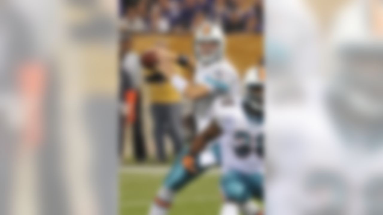 Miami Dolphins quarterback Chad Henne during the first half of an NFL football game Sunday, Sept. 19, 2010, in Minneapolis. (AP Photo/Jim Mone)