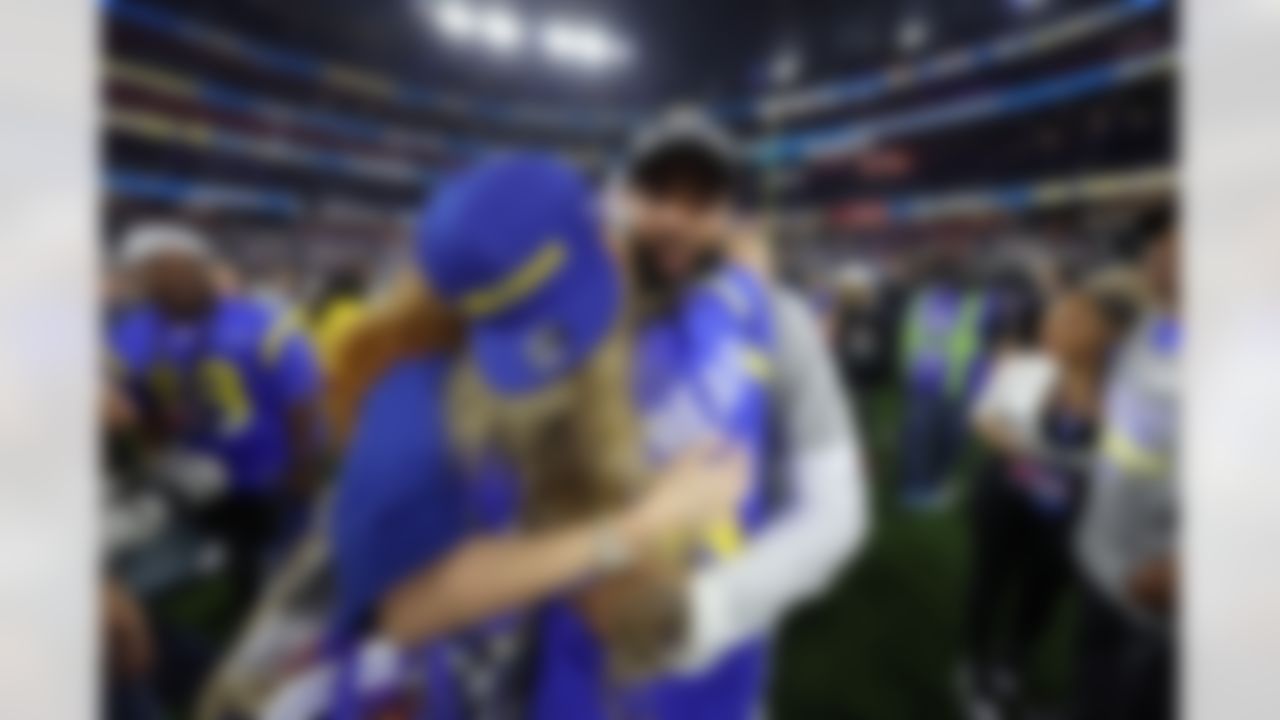 Los Angeles Rams wide receiver Odell Beckham Jr. (3) and Lauren Woods react to a victory after Super Bowl LVI on Sunday, February 13, 2022 in Inglewood, California.