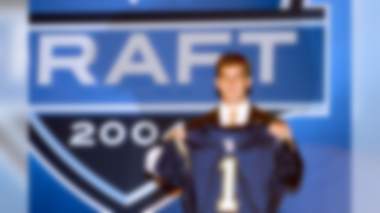 Eli Manning holds a San Diego jersey at the 2004 NFL Draft at Madison Square Garden on April 24. Manning was later traded to the New York Giants. (Photo by Allan Grdovic/NFL)