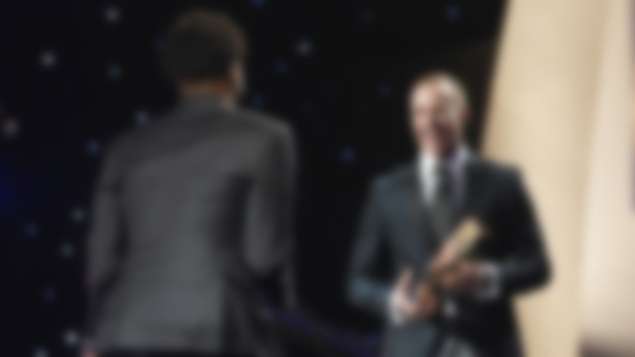 New Orleans Saints wide receiver Michael Thomas is presented the Offensive Player of the Year award from quarterback Drew Brees during the 9th Annual NFL Honors at the Adrienne Arsht Center on Saturday, Feb. 1, 2020, in Miami.