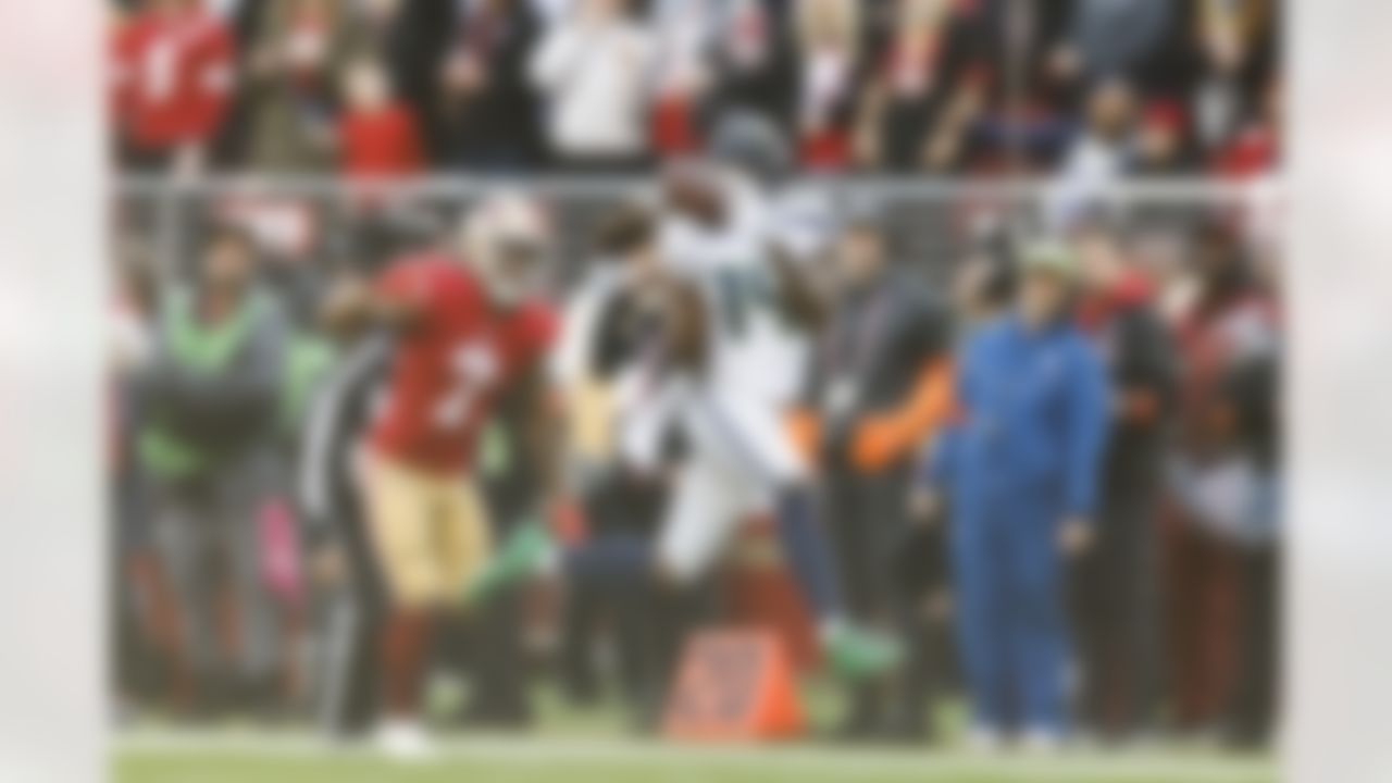 Seattle Seahawks wide receiver DK Metcalf (14) attempts a catch during an NFL Super Wild Card Weekend playoff game against the San Francisco 49ers on Saturday, January 14, 2023 in Santa Clara, California.