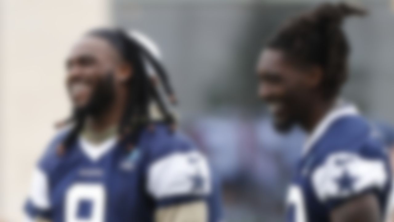 Dallas Cowboys linebacker Jaylon Smith (9) and defensive end DeMarcus Lawrence (right) share a laugh during an NFL football organized team activity at the team's training facility Tuesday, June 1, 2021 in Frisco, Texas.
