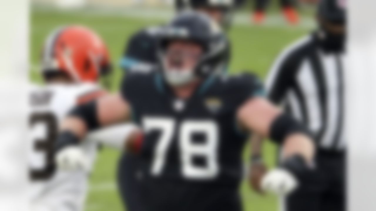 Jacksonville Jaguars offensive tackle Ben Bartch (78) celebrates as his team scored a touchdown against the Cleveland Browns.