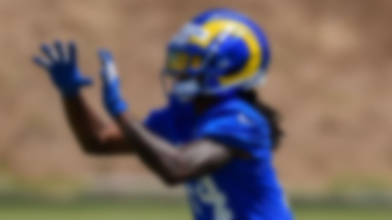 Los Angeles Rams' Nsimba Webster runs a drill in Thousand Oaks, Calif., Thursday, May 27, 2021.