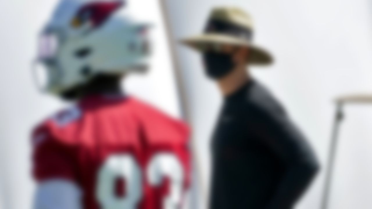 Arizona Cardinals head coach Kliff Kingsbury watches his team during an NFL football rookie minicamp, Friday, May 14, 2021, in Tempe, Ariz.