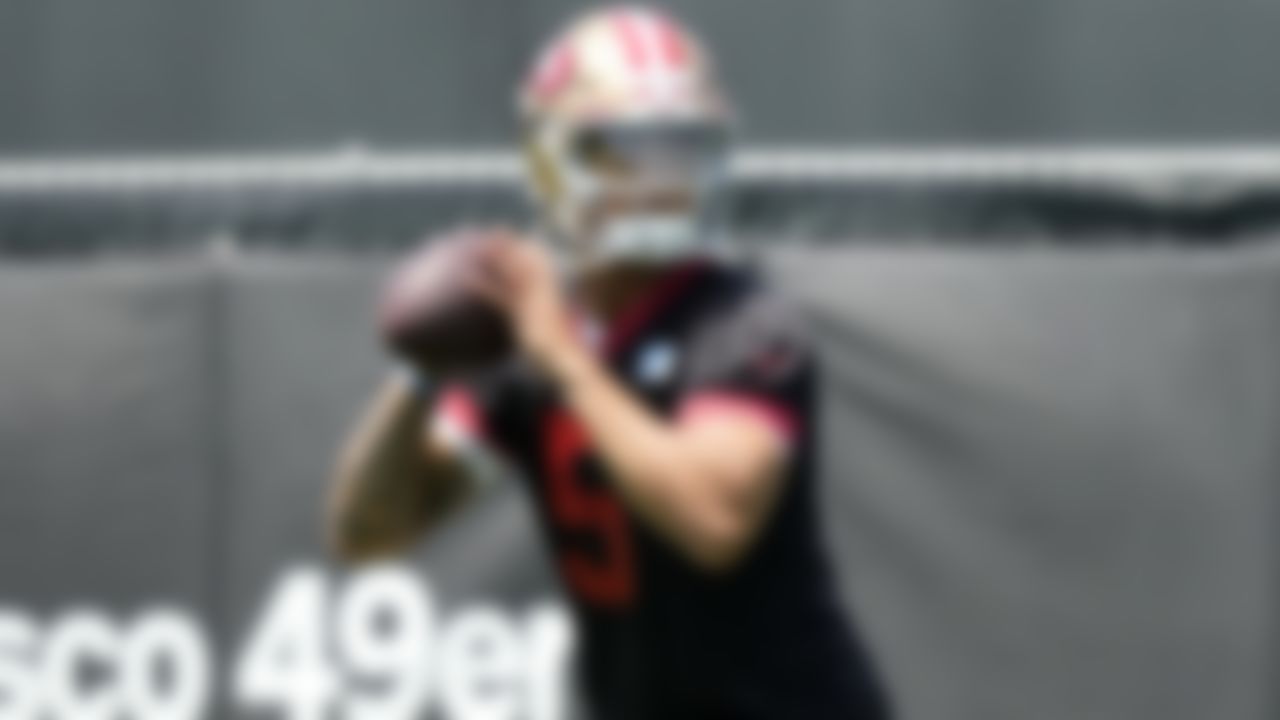 San Francisco 49ers first-round draft pick quarterback Trey Lance throws during the NFL football team's rookie minicamp in Santa Clara, Calif., Friday, May 14, 2021.