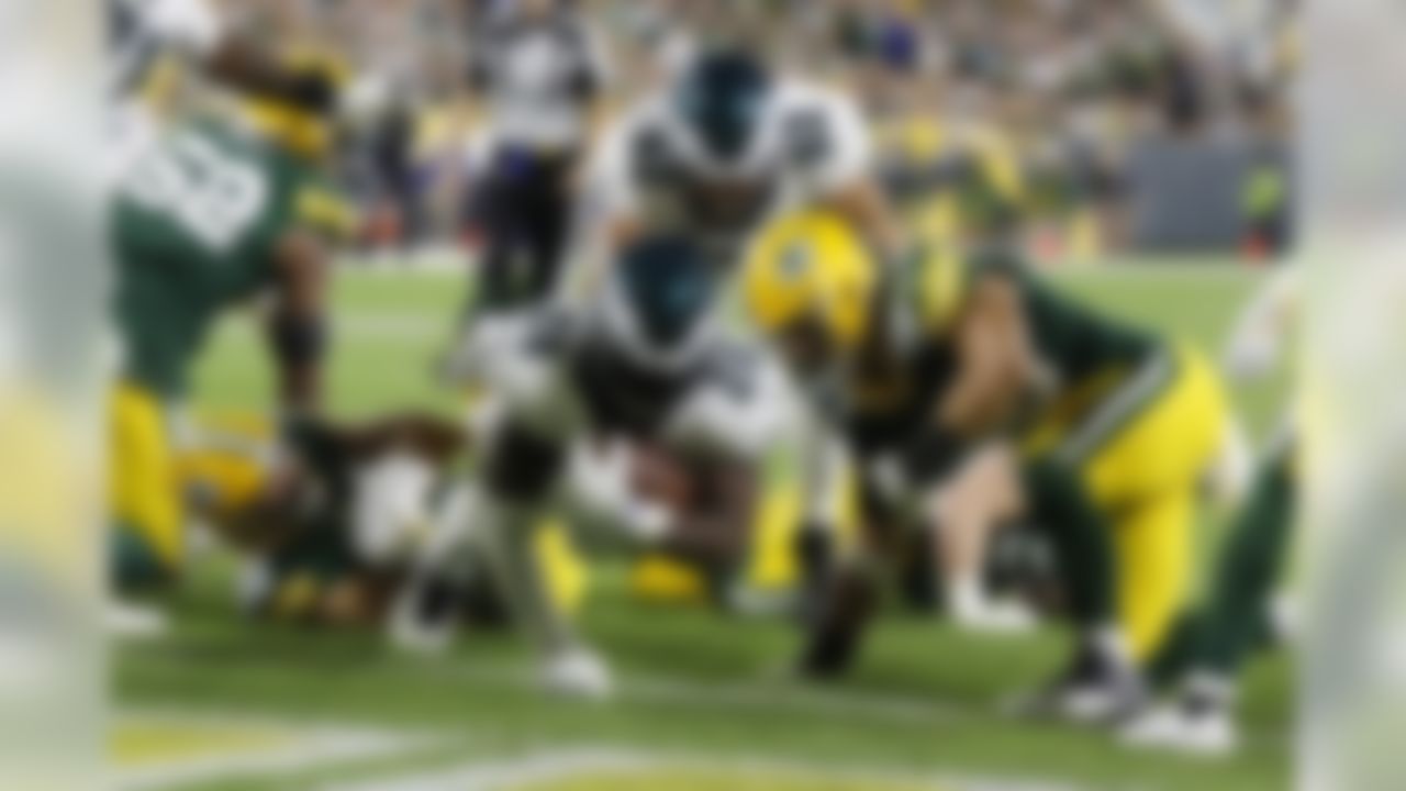Philadelphia Eagles running back Jordan Howard rushes for a touchdown during the second half of the team's NFL football game against the Green Bay Packers on Thursday, Sept. 26, 2019, in Green Bay, Wis.