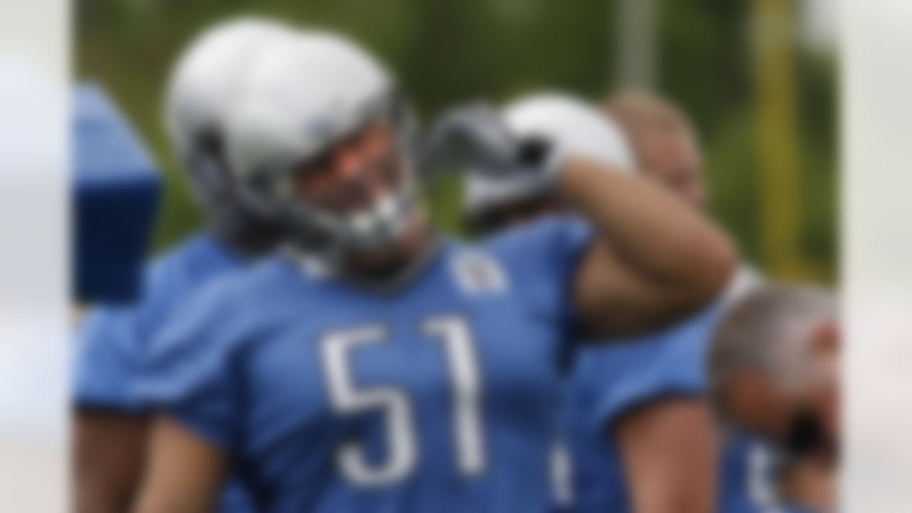 Detroit Lions Dominic Raiola adjusts his helmet during NFL football minicamp at the teams' training facility in Allen Park, Mich., Thursday, June 24, 2010. (AP Photo/Carlos Osorio)