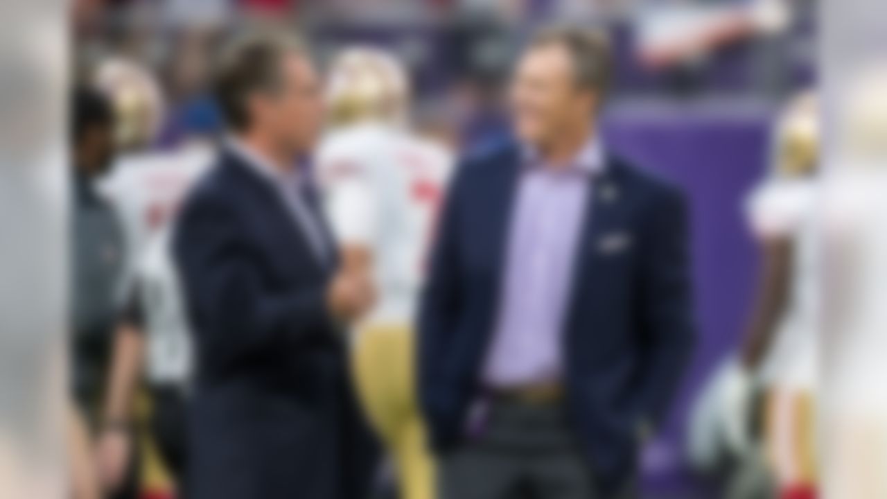 Aug 27, 2017; Minneapolis, MN, USA; Minnesota Vikings general manager Rick Spielman talks with San Francisco 49ers general manager John Lynch prior to the game at U.S. Bank Stadium. Mandatory Credit: Brace Hemmelgarn-USA TODAY Sports