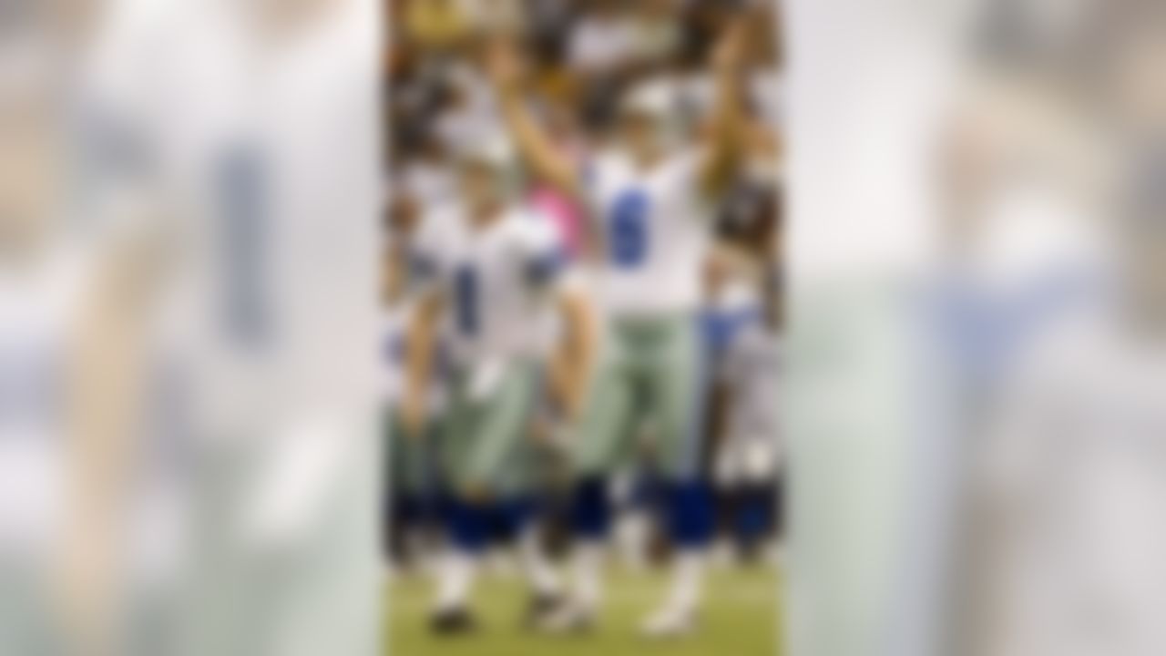 IRVING, TX - AUGUST 18:  Rookie place kicker Nick Folk #6 of the Dallas Cowboys reacts to a 51-yard field goal against the Denver Broncos as holder Mat McBriar #1 watches during the second quarter of a preseason game at Texas Stadium August 18, 2007 in Irving, Texas.  (Photo by Dave Einsel/Getty Images)