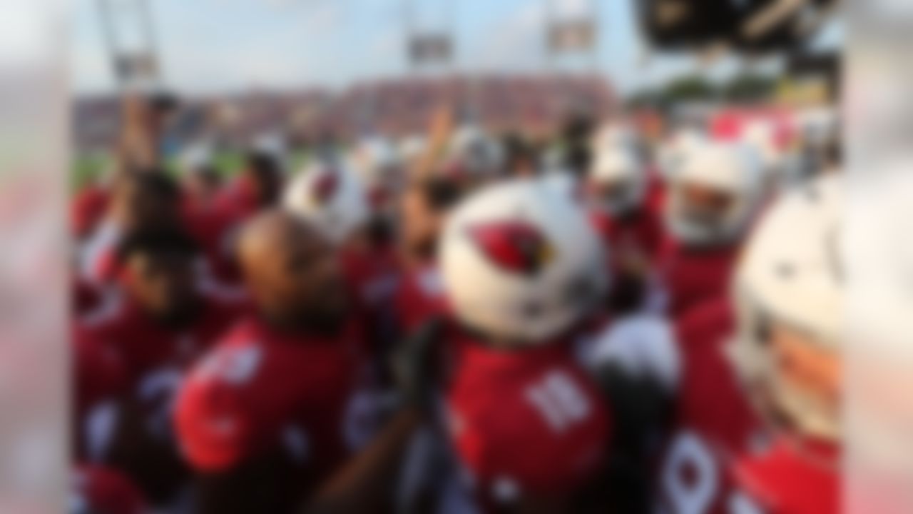 The Arizona Cardinals prior to the NFL football game between the Arizona Cardinals and Dallas Cowboys on Thursday, August 3, 2017 in Canton, Ohio. (Ben Liebenberg/NFL)