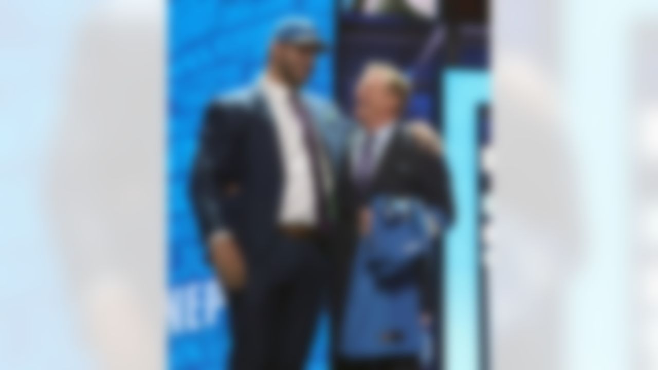Ohio State offensive tackle Taylor Decker embraces NFL Commissioner Roger Goodell after being drafted by the Detroit Lions during the 2016 NFL Draft at the Auditorium Theatre on Thursday, April 28, 2016 in Chicago. (Perry Knotts/NFL)