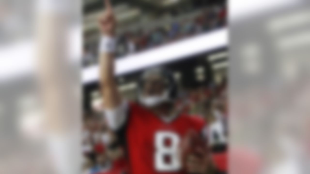 Atlanta Falcons quarterback Chris Redman (8) celebrates after scoring in the fourth quarter during an NFL preseason football game against the San Diego Chargers at the Georgia Dome in Atlanta, Saturday, Aug. 29, 2009. (AP Photo/Dave Martin)