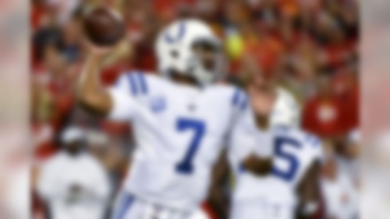 Indianapolis Colts quarterback Jacoby Brissett (7) throws a pass during the first half of the team's NFL football game against the Kansas City Chiefs in Kansas City, Mo., Sunday, Oct. 6, 2019. (AP Photo/Ed Zurga)