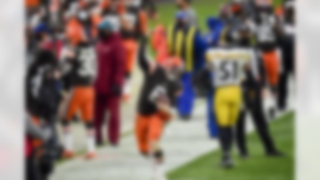 Cleveland Browns quarterback Baker Mayfield (6) celebrates during an NFL football game against the Pittsburgh Steelers on Sunday, January 3, 2021 in Cleveland, Ohio.