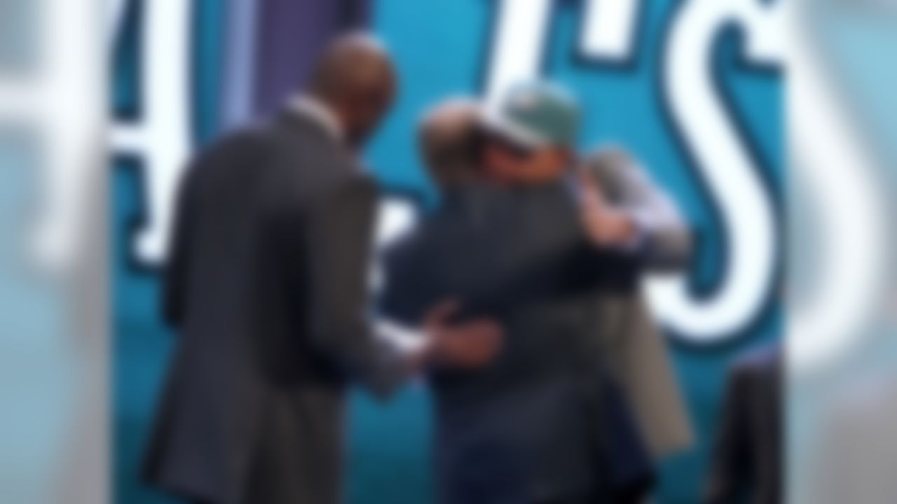 Jordan Matthews, right, hugs NFL Commissioner Roger Goodell after being selected by the Philadelphia Eagles during the 2014 NFL Draft at Radio City Music Hall on May 9, 2014 in New York, NY. (Perry Knotts/NFL)