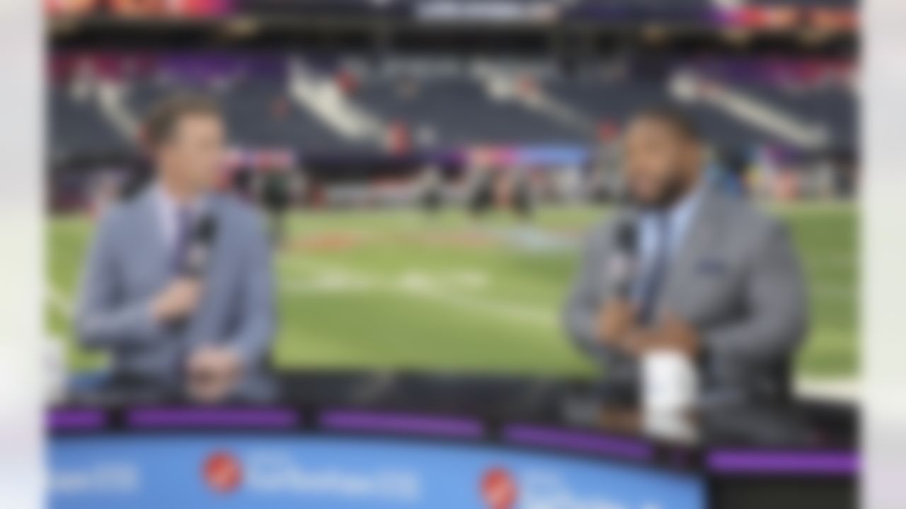 NFL Network analysts Daniel Jeremiah and Maurice Jones-Drew speak during Super Bowl LVI on Sunday, February 13, 2022 in Inglewood, California.