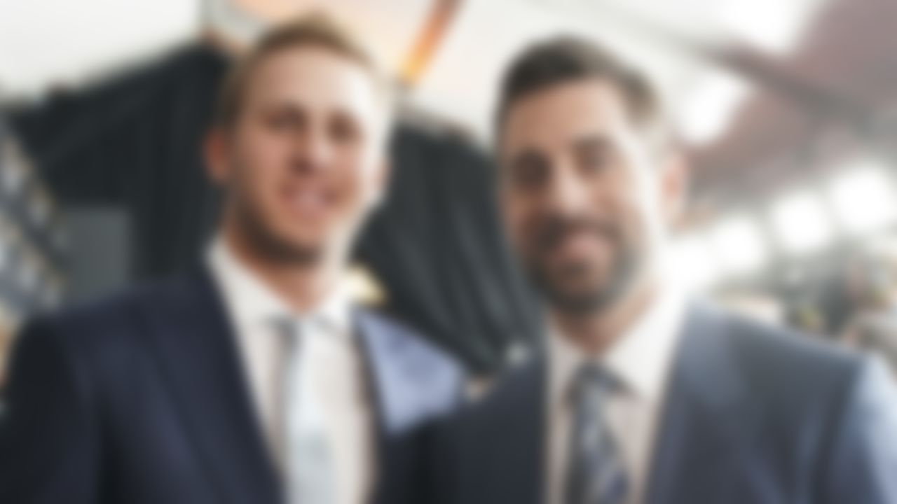 Los Angeles Rams quarterback Jared Goff and Green Bay Packers quarterback Aaron Rodgers arrive at the 7th Annual NFL Honors awards show on Saturday, Feb. 3, 2018 in Minneapolis, Minn.