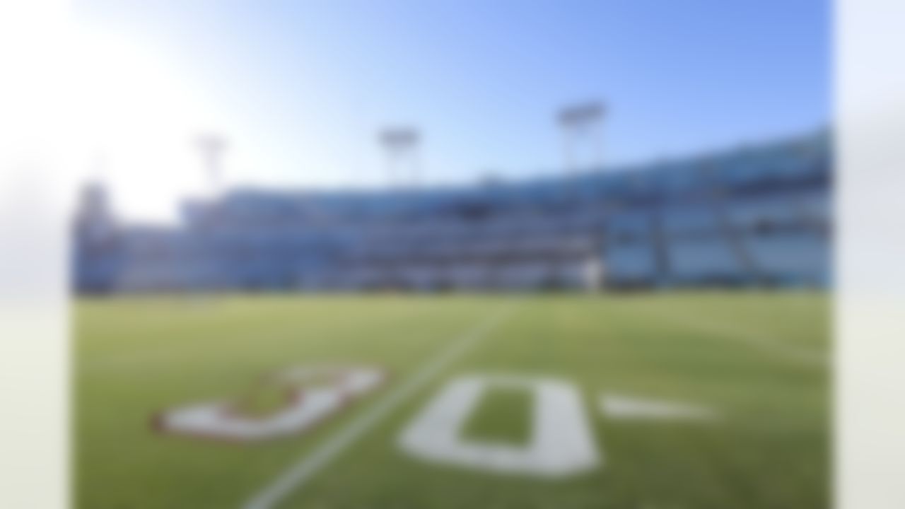 A detailed view of the 30-yard line with an outlined number 3 on the field in support of Buffalo Bills safety Damar Hamlin (3) during an NFL football game between the Tennessee Titans and Jacksonville Jaguars on Saturday, January 7, 2023 in Jacksonville, Florida.