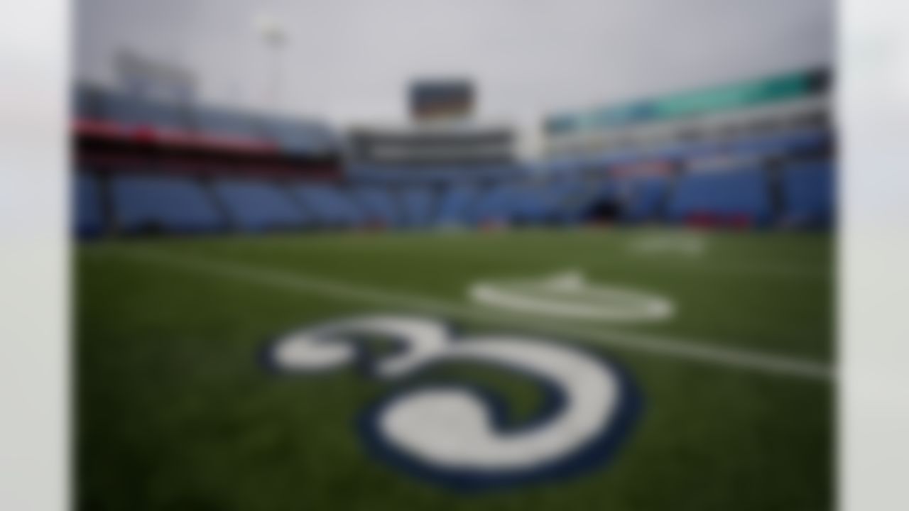 The 30-yard line bears a stylized number 3 in support of Buffalo Bills safety Damar Hamlin at Highmark Stadium before an NFL football game against the New England Patriots, Sunday, Jan. 8, 2023, in Orchard Park, N.Y. Hamlin remains hospitalized after suffering a catastrophic on-field collapse in the team's previous game against the Cincinnati Bengals.
