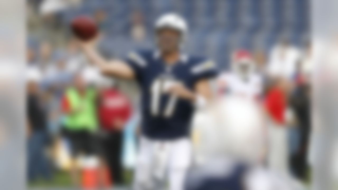 Quarterback Philip Rivers #17 of the San Diego Chargers warms up before taking on the Kansas City Chiefs in an NFL football game at Qualcomm Stadium in San Diego, California, on November 1, 2012. (Ben Liebenberg/NFL)