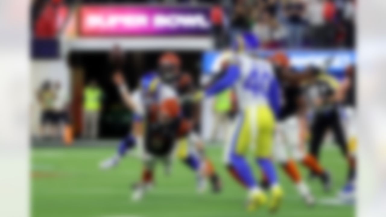 Los Angeles Rams defensive end Aaron Donald (99) forces an incomplete pass during Super Bowl LVI on Sunday, February 13, 2022 in Inglewood, California. (Ryan Kang/NFL)